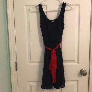 Navy dress with red tie belt